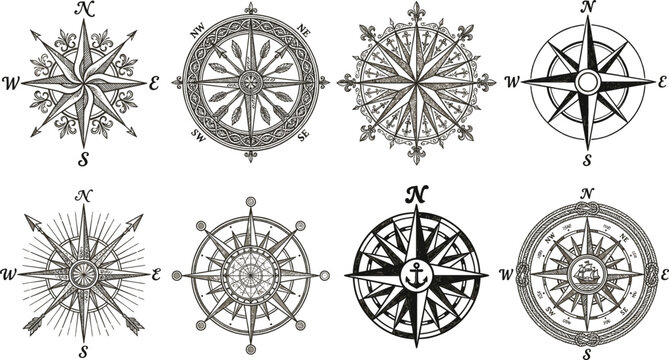 Vintage compass rose collection with ornate nautical navigation designs, hand drawn maritime wind roses, antique cartography symbols for travel, exploration, and directional guidance