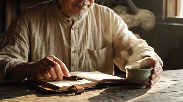 Contemplation with Tea: An elderly individual, absorbed in the pages of a well-worn book, takes a moment to savor a cup of tea, the steam curling upward, fostering a sense of serene reflection.