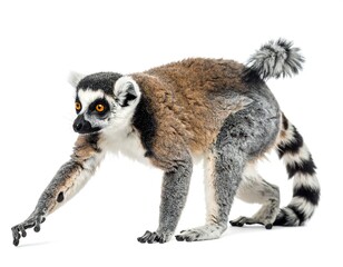 Fototapeta premium Full body shot of a ring-tailed primate, walking, with a striped tail, set against a seamless white backdrop