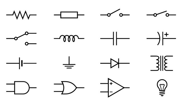 Electrical and Electronic Schematic Symbol Set &ndash; Vector Icons, electrical symbols, electronic components, circuit diagram, schematic icons, resistor, zigzag resistor, rectangular resistor, capacitor, 