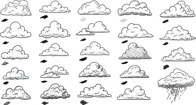 Cartoon style white clouds with black outlines and shading on white background