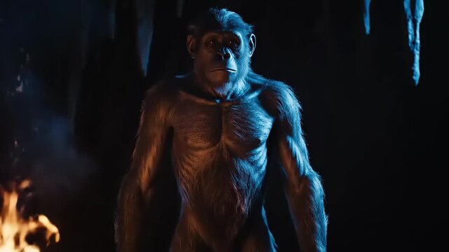 Gorilla Standing Near Fire in Darkness.