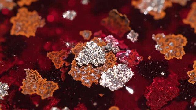 Macro shot of sparkling rust flakes and metallic particles on a red background