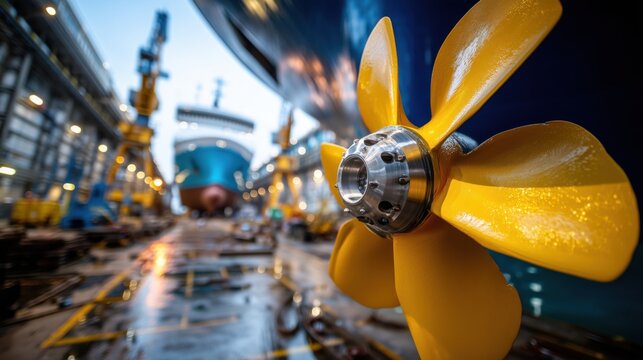 Close-up of ship propeller during dry dock maintenance with visible hull. Maritime engineering and vessel repair scene for shipping industry, logistics, industrial service and marine technology concep