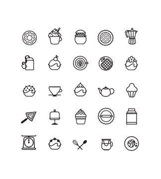 Collection d'ic&ocirc;nes pour p&acirc;tisserie, salon de th&eacute;, traiteur sucr&eacute;, r&eacute;ception, &eacute;v&egrave;nement, s&eacute;minaire, mariage, anniversaire, salon, organisateur, boulangerie, viennoiserie, dessert, recette, cuisine
