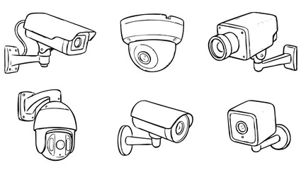 Hand-Drawn CCTV Camera Pack of 6 – Sketch Style Security Illustrations on png Background, hand-drawn CCTV, sketch CCTV camera, wall-mounted camera, bullet camera, dome camera, box camera, PTZ cam, © TalalAhmad