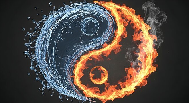 Yin Yang symbol composed of splashing blue water and burning red fire flames, balance of opposites concept with elemental clash on dark background for spiritual design