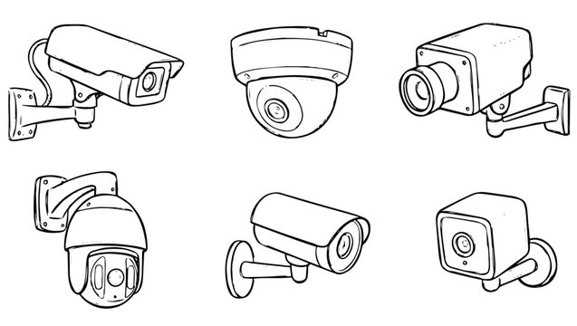 Hand-Drawn CCTV Camera Pack of 6 &ndash; Sketch Style Security Illustrations on png Background, hand-drawn CCTV, sketch CCTV camera, wall-mounted camera, bullet camera, dome camera, box camera, PTZ cam,
