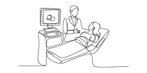 A doctor performs an ultrasound on a patient in a continuous line art illustration Vector, illustration