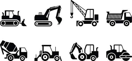Collection of black construction vehicle silhouettes including excavator bulldozer crane dump truck concrete mixer loader and road roller heavy machinery icons © rakib's world