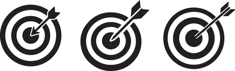 Business strategy and success: target with arrow hitting bullseye icon set, vector graphic isolated on white background. © Sabbir