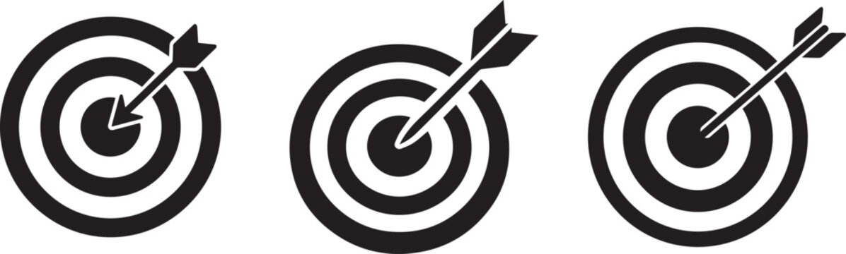 Business strategy and success: target with arrow hitting bullseye icon set, vector graphic isolated on white background.