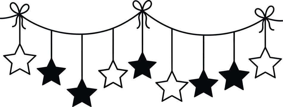Black and white star garland with bows on a string