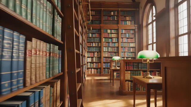 Old-fashioned Library Interior With Sunlight Streaming Through Arched Windows Illuminating Bookshelves