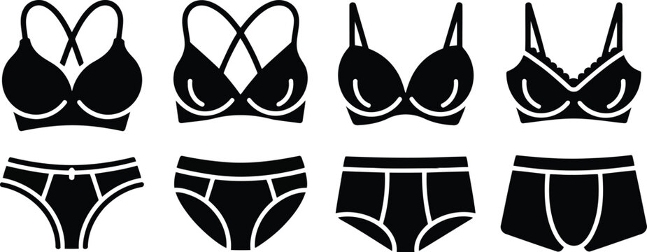 A collection of black silhouette icons showing different types of womens bras and various underwear styles on a white background