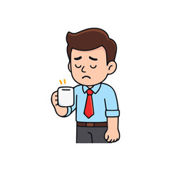 Cartoon office worker looking sad while holding coffee cup. Chibi businessman tired with empty mug illustration. Cute corporate employee disappointed expression flat design.
