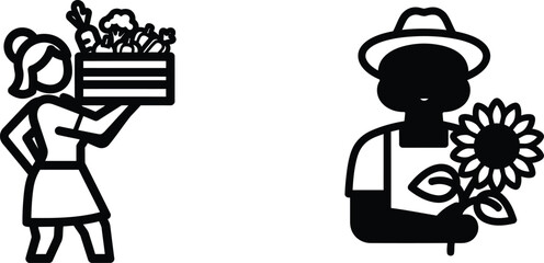 Farmer and woman holding vegetables and sunflower