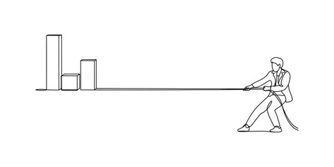 Businessman pulling a rope connected to a bar graph in continuous line art drawing Vector, illustration © Creative_Oneline