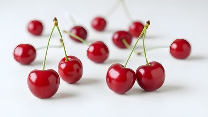 Two juicy, ripe red cherries with green stems and leaves are isolated on a white background, creating a fresh and healthy organic dessert plate