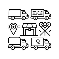 Logistics and delivery icons including trucks, map pin, warehouse, and balloons