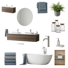 A collection of modern bathroom elements including a freestanding tub, double vanity, and bath accessories. Features soft towels, a lighted mirror, and decorative plant.