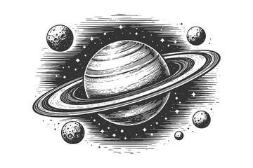 Detailed woodcut vector illustration of Saturn with its rings and moons in deep space, vintage etching style astronomical celestial artwork. © Chairul