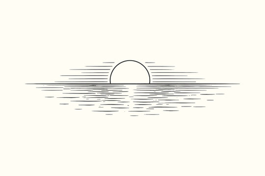 Minimalist line art vector illustration of a setting sun over a calm sea horizon, simple vintage woodcut style sunset nature scene.