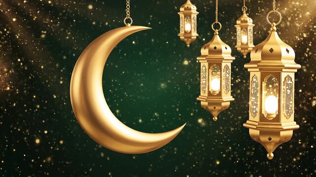 Elegant Ramadan and Islamic themed video featuring a golden crescent moon and illuminated hanging lanterns on a dark green sparkling background.