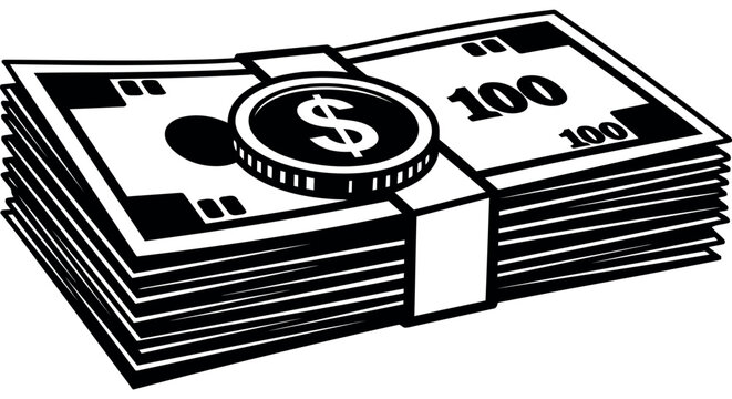 A stack of hundred-dollar bills with a dollar coin on top, representing financial wealth
