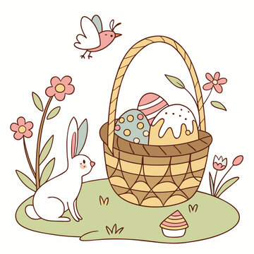 Festive Easter Illustration Set Featuring Basket, Rabbit, Spring Flowers, Easter Cake and Singing Bird