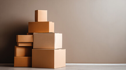 Fototapeta premium A stack of cardboard boxes against a simple wall, perfect for illustrating concepts of shipping and organization.