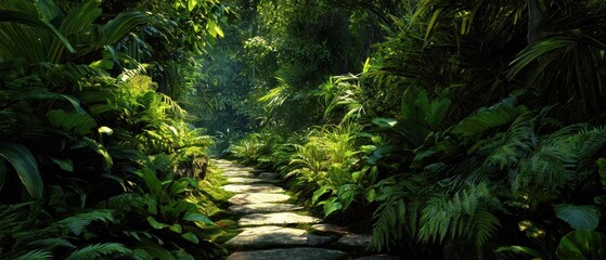 Obraz premium Elegant photo of Stone Pathway Winding Through a Lush Tropical Jungle .Made Genarative AI