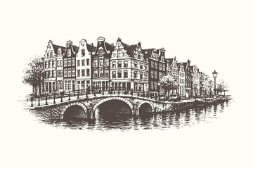 Obraz premium Vintage woodcut vector illustration of Amsterdam style canal houses and bridge over water, detailed European city architecture engraving style artwork.