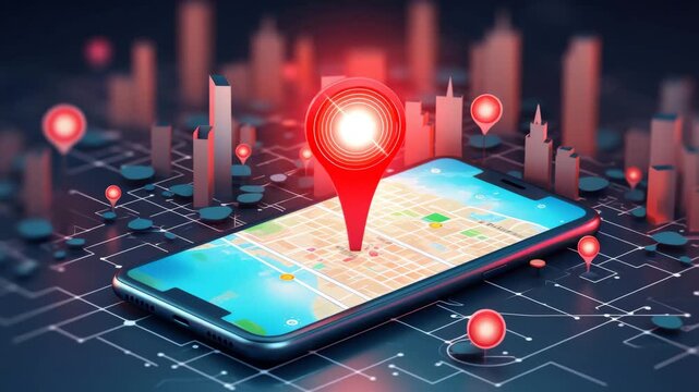 A smartphone displaying a navigation map with a prominent red location pin amidst a futuristic city grid and glowing data points.