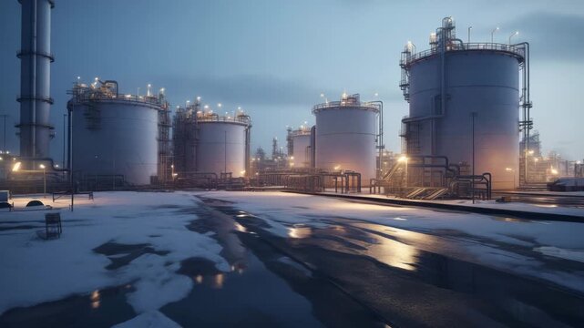An illuminated industrial refinery with large storage tanks and complex structures under a twilight sky, covered in light snow.