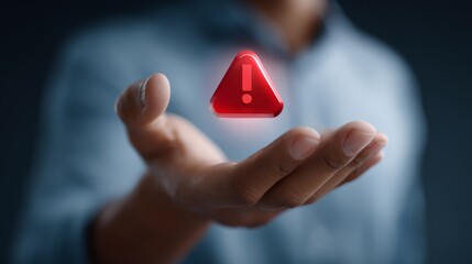 Male hand holding floating red warning symbol in focused gesture