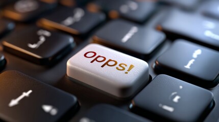 Close-up of keyboard with red mistake button spelling error 'opps!'