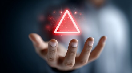 Hand holding glowing red triangle hologram in dark background