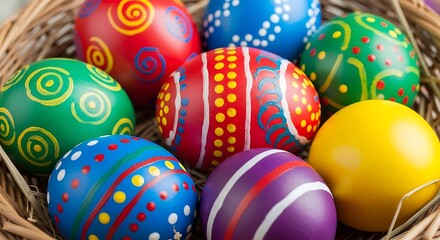 Obraz premium Colorful painted eggs are arranged in a rustic basket for a celebration.