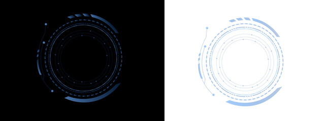 Futuristic HUD circles feature layered geometry and glowing tech details. Smooth lines enhance sci fi navigation style. Suitable for game UI and virtual dashboards. © Vitalii