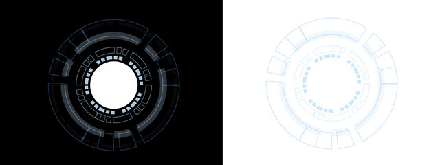 Advanced circular interface displays neon lines and digital indicators. Clean sci fi geometry enhances user interaction visuals. Perfect for HUD overlays and tech UI. © Vitalii