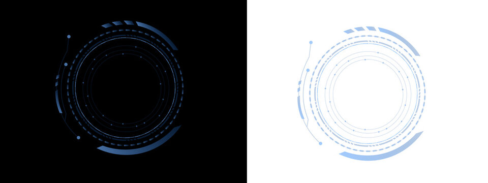 Futuristic HUD circles feature layered geometry and glowing tech details. Smooth lines enhance sci fi navigation style. Suitable for game UI and virtual dashboards.