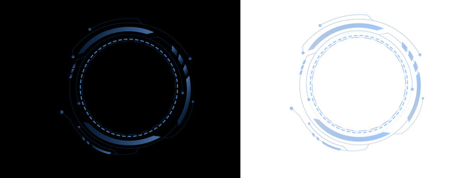 Neon circular interface frame shows advanced digital targeting elements. High tech visuals create immersive HUD experience. Great for sci fi games and UI concepts.