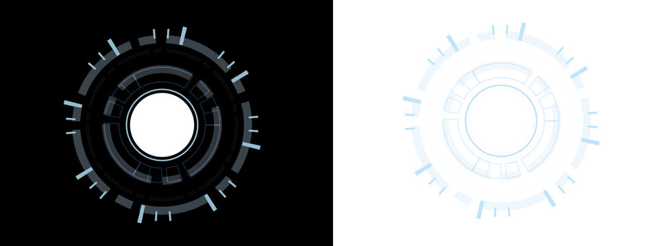 Virtual HUD rings with glowing segments form futuristic navigation frames. Digital elements add depth and motion. Suitable for sci fi dashboards and game screens.