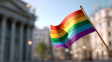Vibrant rainbow pride flag waving in urban setting reflecting lgbtq+ celebration