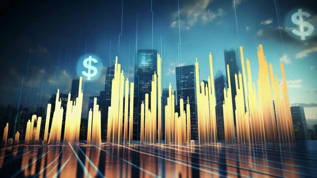 A futuristic cityscape is digitally enhanced with glowing financial bar charts and a prominent dollar sign floating above the skyscrapers.