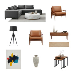 A curated collection of modern living room furniture, including a charcoal sectional sofa, warm leather accent chairs, a textured coffee table, a floor lamp, and decorative items.
