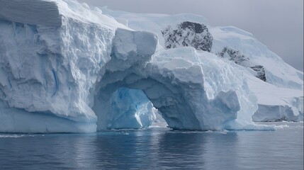Majestic icy arch carved into a glacier in Antarctica, with deep blue water flowing beneath the frozen structure.