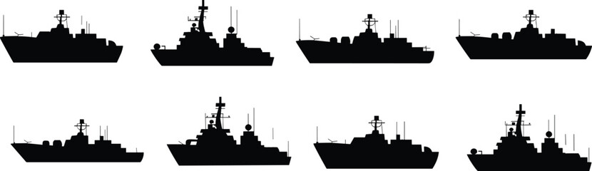 Set of black naval ship silhouettes including destroyer frigate and warship icons for maritime industry military defense and nautical graphic design © rakib's world