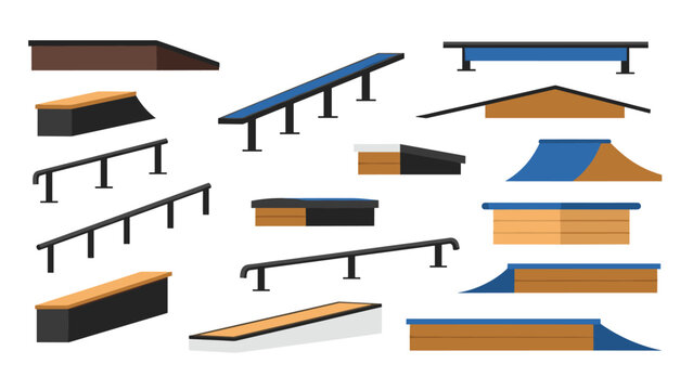 Collection of skatepark elements: rails, ramps, and obstacles for extreme sports design